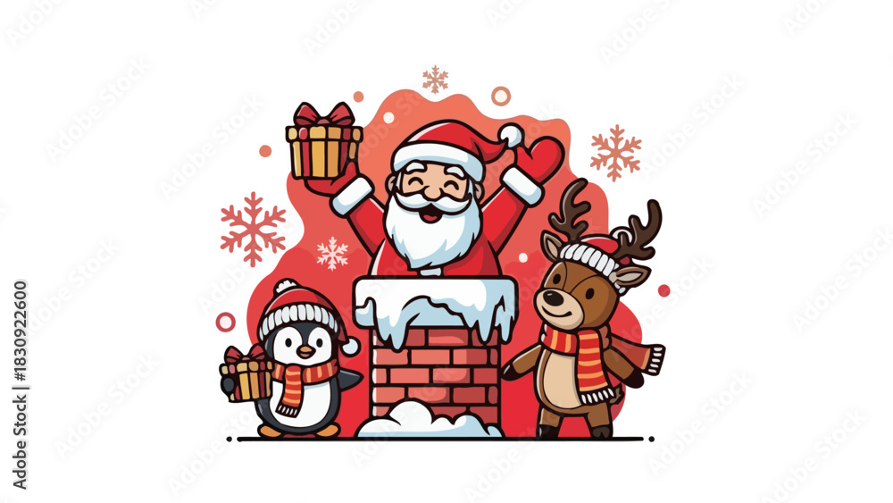 Fototapeta premium Cute cartoon Santa Claus with a reindeer and penguin celebrating Christmas with gifts around a chimney
