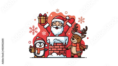Cute cartoon Santa Claus with a reindeer and penguin celebrating Christmas with gifts around a chimney