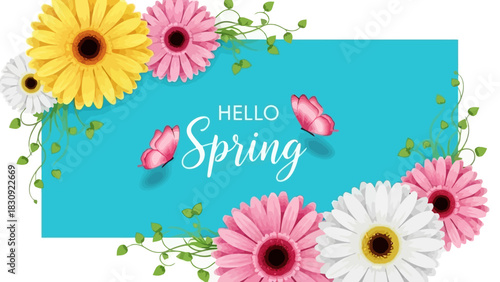 A vibrant floral frame with colorful gerbera daisies and butterflies welcoming the arrival of the spring season