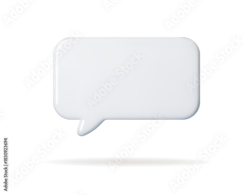 White 3D speech bubble icon with a soft rectangular shape. Clean minimal chat balloon for messages, comments, notifications and UI design. Smooth isolated render on white background