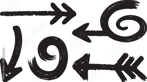 Grunge Hand-Drawn Ink Arrow & Spiral Set: Brush Stroke Directional Pointers (Doodle Vector Design Elements)
