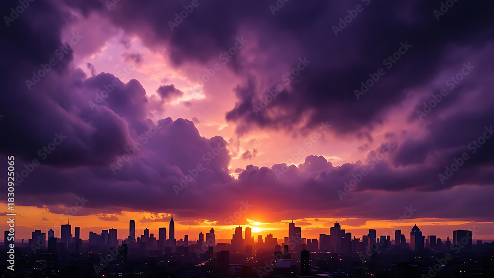 Fototapeta premium Sunset city skyline viewed through rain droplets with dreamy atmosphere