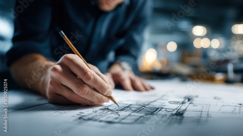 Engineer sketching blueprint