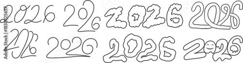 2026 new year number set in hand drawn style. Year of fire horse illustration for decoration design mail posts postcards poster print invitation background backdrop wrapping wallpaper banner textile