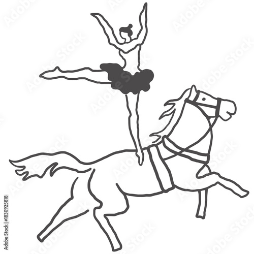 acrobat on horse in hand drawn style in vector. element for decor postcard design print sticker animation poster background