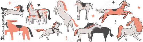 set of horses in hand drawn style in vector. element for decor postcard design print sticker animation poster background