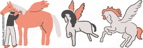 set of horses with wings in hand drawn style in vector. element for decor postcard design print sticker animation poster background