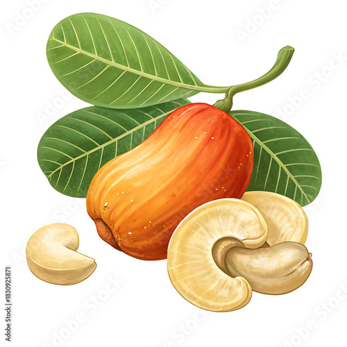 Illustration of a cashew apple with cashew nuts and leaves on a black background art piece