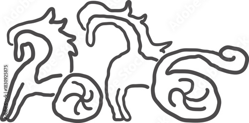 2026 new year number as wheel with horses in hand drawn style. Year of fire horse illustration for decoration design mail posts postcards print invitation background backdrop wallpaper banner