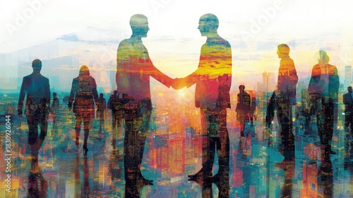 Businessmen Handshake In Cityscape At Sunrise