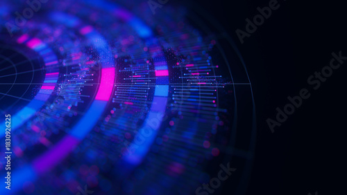 Closeup of Big Data complex round graph background. Quantum computing universe. Cyber space of AI technology. Futuristic graph. Digital qubit information presentation.