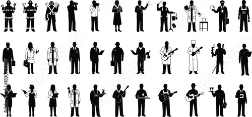 Profession silhouettes with tools, career icons, occupational attire, diverse job roles, worker accessories, employment variety, black illustration, flat vector