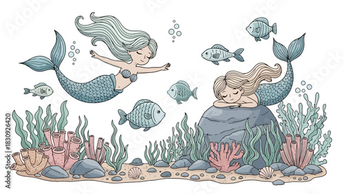 Enchanting underwater world with two mermaids swimming and resting amongst colorful coral, pebbles, and small fish