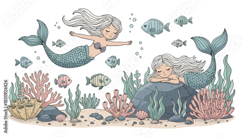 Serene underwater world illustration featuring graceful mermaids swimming and resting among vibrant coral, colorful fish, and lush marine plants, embodying magical aquatic fantasy