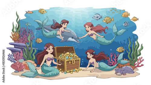 Whimsical Underwater Adventure with Mermaids Discovering a Sparkling Treasure Chest Amidst Vibrant Marine Life and Lush Coral Reefs in a Fantasy Illustration