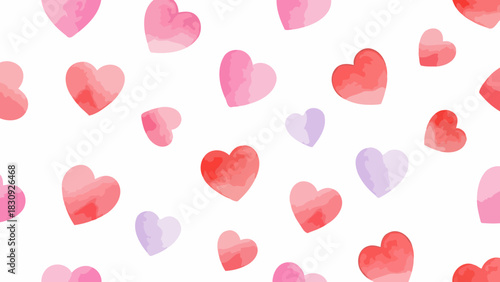 Seamless pattern of watercolor hearts in pink and red hues on a white background, perfect for romantic and celebratory designs