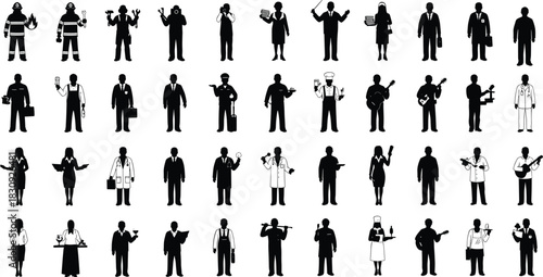 Profession silhouette icons, diverse careers, job roles, occupational attire, work tools, vocational variety, employment concept, black illustration, flat vector