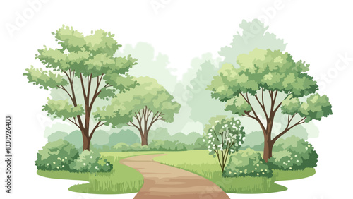 Peaceful Garden Path Illustration with Trees and Bushes