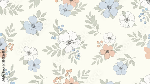 Delicate Floral Pattern with Soft Blue, Coral, and White Blossoms on a Cream Background