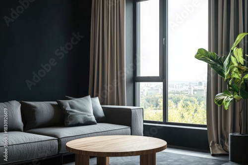 Modern living room with grey sofa, dark wall backdrop, wood coffee table, and large window overlooking greenery, idea for interior design concepts, home decor layouts, and modern styling visuals