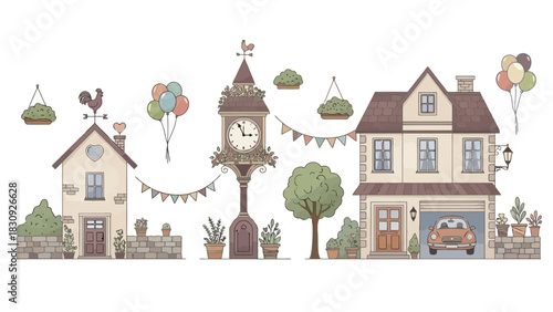Charming Village Scene with Houses, a Grandfather Clock, and Festive Decorations