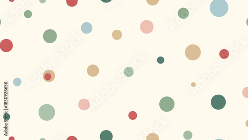Abstract pattern of colorful polka dots in various sizes, whimsically scattered on a soft cream background, creating a cheerful and gentle aesthetic for design