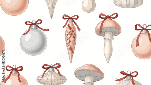 Seamless pattern with vintage-style Christmas tree ornaments, including mushroom baubles and icicles with red bows. Elegant holiday vector background