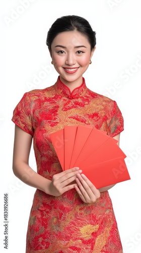 A smiling woman in traditional attire holds red envelopes, embodying cultural celebration and festive traditions.