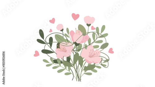 Delicate illustration of a charming floral bouquet with soft pink blossoms, lush green leaves, and whimsical floating hearts, symbolizing love, affection, and joyous celebration