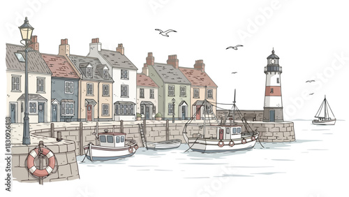 A serene and picturesque coastal harbor scene featuring traditional fishing boats, quaint houses, and a prominent lighthouse