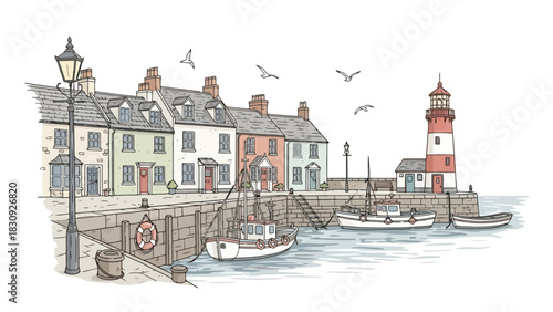 A charming watercolor illustration of a picturesque seaside harbor town with traditional cottages, fishing boats, and a lighthouse