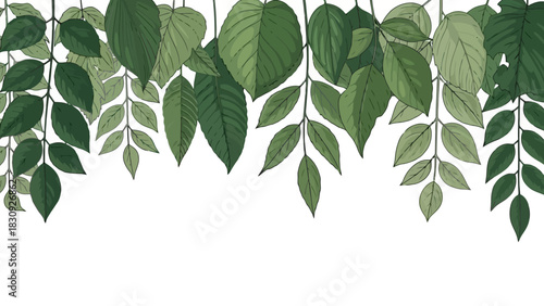 A decorative border of various green leaves and foliage hanging from the top. Botanical vector illustration for nature-themed design, isolated on a white background