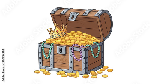 Vintage wooden treasure chest overflowing with shiny gold coins, a royal crown, and colorful beaded necklaces isolated on a white background