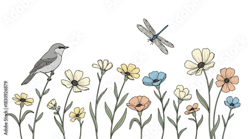 Charming illustration of a bird and dragonfly amidst a field of colorful wildflowers