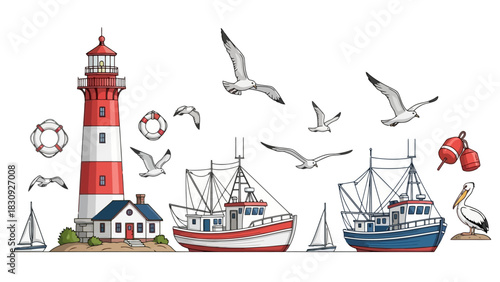 Coastal Voyage Lighthouse, Fishing Boats, and Seagulls Illustration