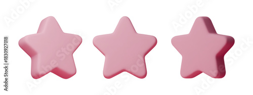 Pink 3D star icon set with soft cartoon shapes. Cute pastel stars for rating, review, UI design and decoration. Isolated vector render with glossy finish and modern abstract style