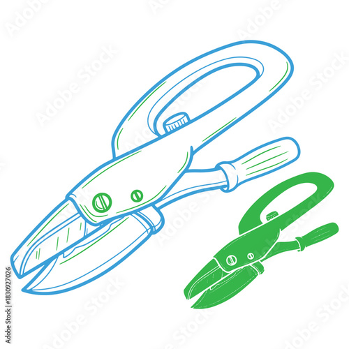 Blue and Green Tin Snips Illustration for Cutting Metal Sheet with Textured Handle and Adjustable Pivot Point