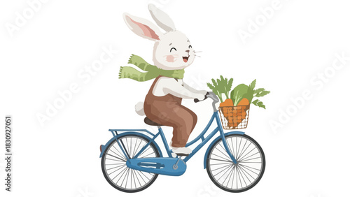 Cute cartoon bunny rabbit riding a bicycle with a basket full of fresh carrots, wearing a green scarf and brown overalls, enjoying a sunny day outdoors