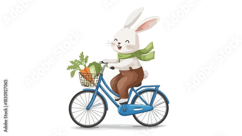 A cheerful white bunny in a green scarf happily rides a blue bicycle with a basket full of fresh carrots