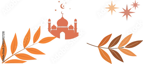 Minimalist islamic new year illustration with mosque moon stars and leaves