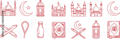 Ramadan kareem doodle set of islamic symbols and elements