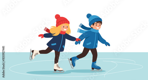 Happy boy and girl ice skating hand-in-hand, enjoying a winter day together on the ice rink.