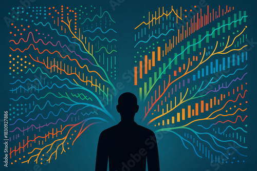 Human silhouette with colorful data visualization lines branching out, symbolizing decision making and complex thought processes in digital environment