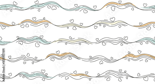 Hand-drawn seamless pattern featuring whimsical wavy lines, small hearts, and subtle light blue and orange color fills on a white background.