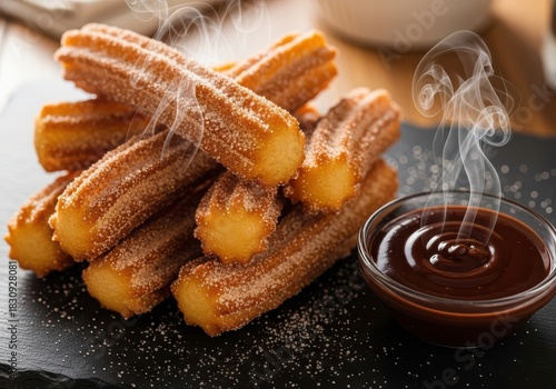 Delicious hot churros dusted with sugar served with a rich dark chocolate dipping sauce on a slate board