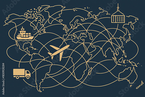 Global trade network illustrated with interconnected world map, airplane, cargo ship, truck, and shipping container symbolizing international logistics and transportation routes
