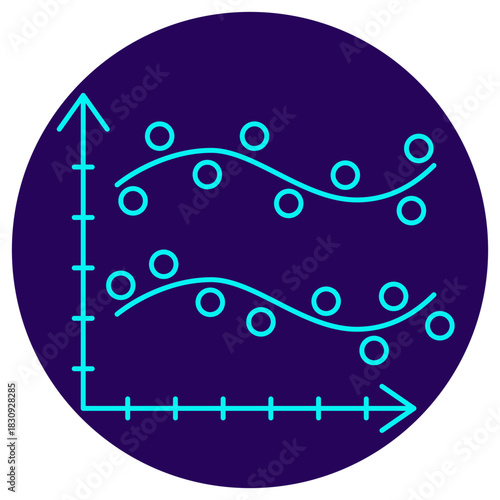 AI Function Approximation icon. Vector thin line illustration on a round dark blue background. Symbolizes the process where an AI model approximates an unknown function based on given data points