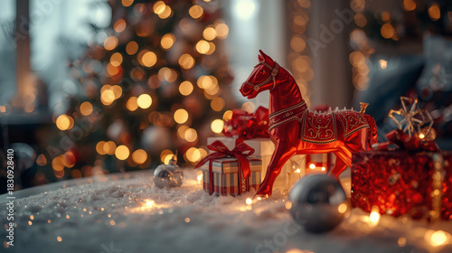 New Year 2026 postcard of the red fire horse. Christmas tree decorations, a red horse, and the numbers 2026 on the Christmas tree. Decorating the interior of your home for the winter holidays.