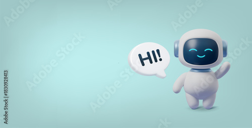 Cute 3D robot waving with speech bubble saying Hi. Friendly AI chatbot character on clean background. Modern digital assistant illustration for tech, apps and customer support