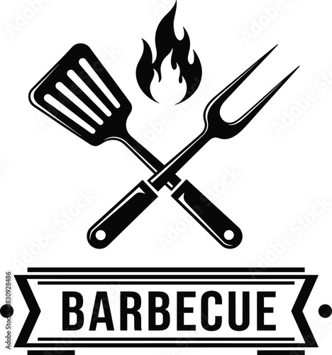Barbecue Grill Logo with Spatula and Fork Crossed, BBQ Utensils, Flames, Vintage Butcher Shop Label or Cookout Emblem Vector.
